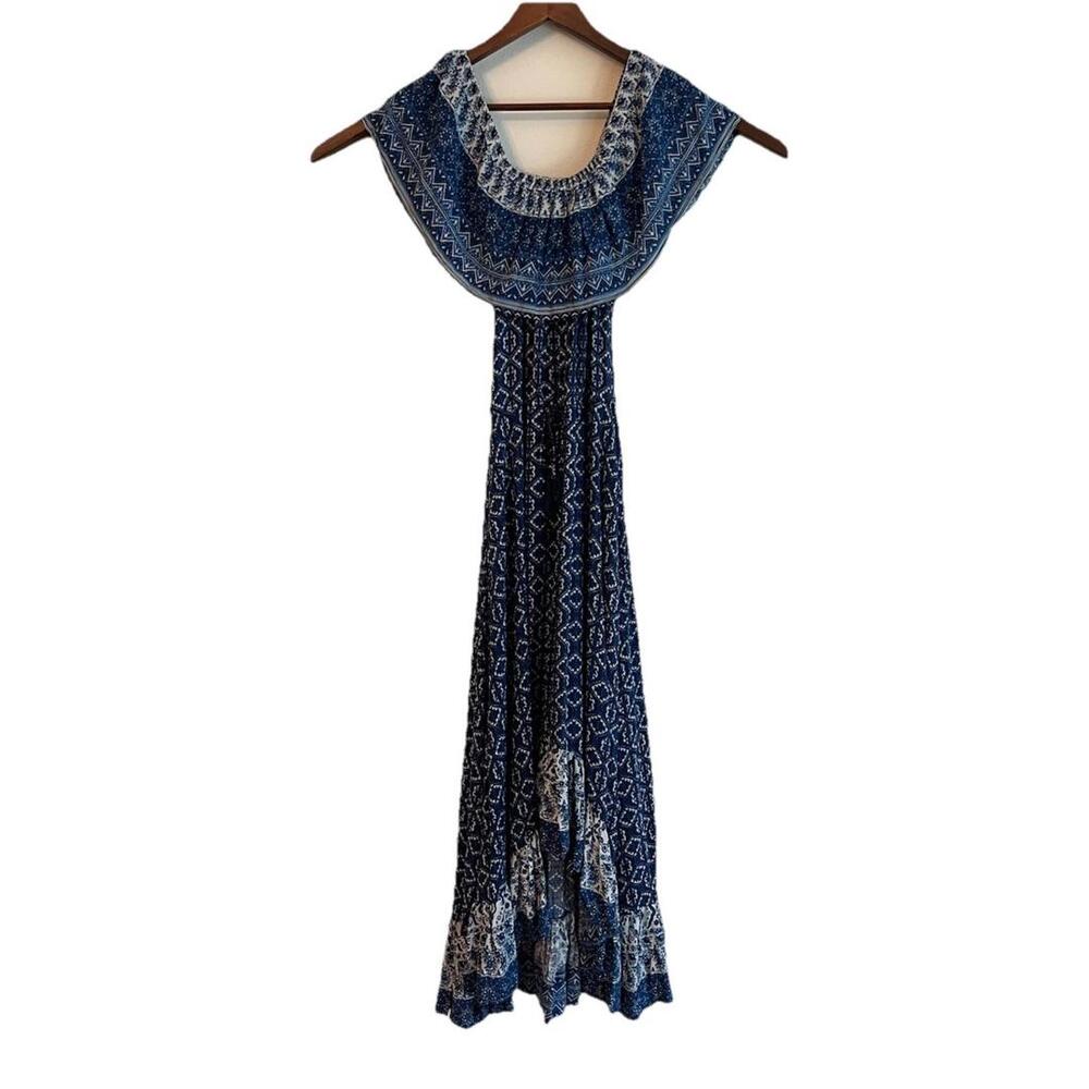 Curations Maxi Peasant Dress Dark Blue Ikat Ruffled Off Shoulder Hi Low Sz Small